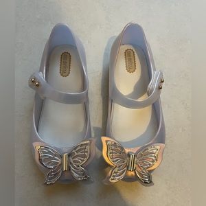 Mini Melissa Ulta girl white pearl  / silver butterfly shoes - size 10 USA